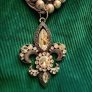Rhinestone Rocker Silver Fleur-de-Lis Pendant Necklace Vintage Excellent